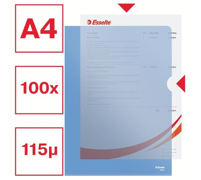 Insteekmap L-model Esselte standaard A4 0.11mm PP blauw 100 stuks