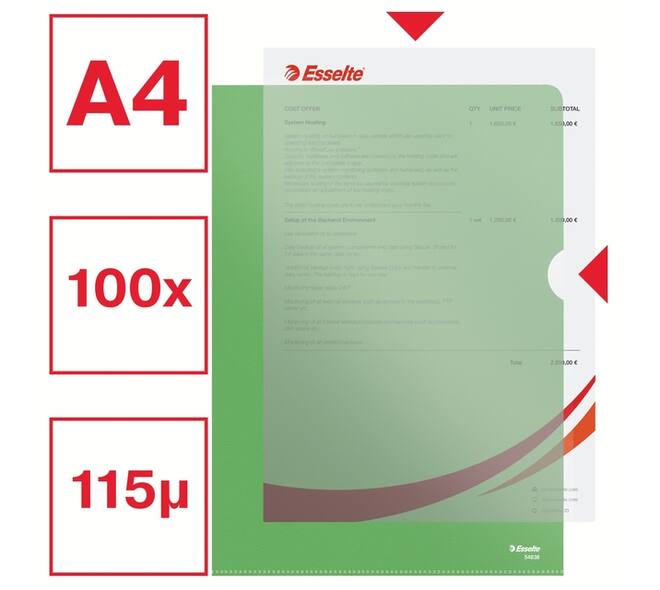 Insteekmap L-model Esselte standaard A4 0.11mm PP groen 100 stuks