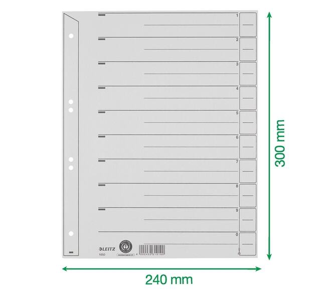 Scheidingsbladen Leitz A4 karton 200gr 6-gaats grijs 100 stuks