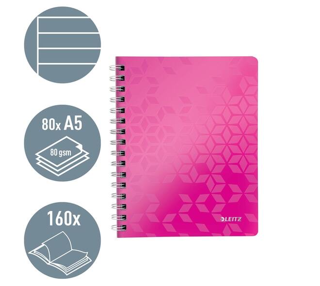Notitieboek Leitz WOW A5 spiraal 160 pagina's lijn roze
