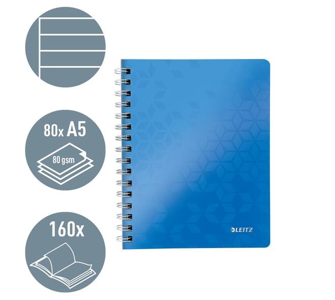 Notitieboek Leitz WOW A5 spiraal 160 pagina's lijn blauw