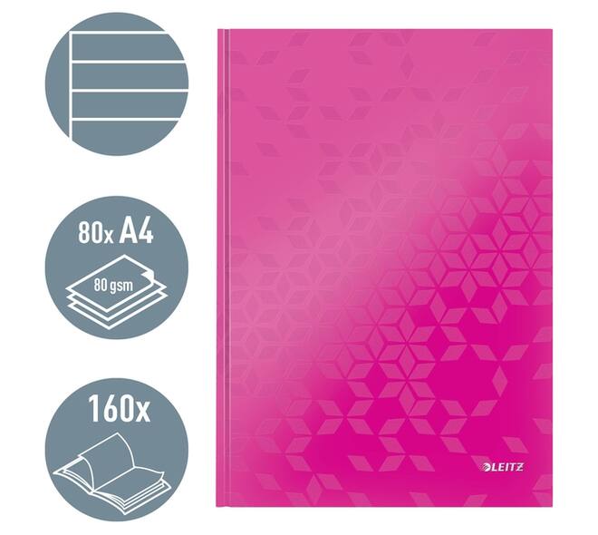 Notitieboek Leitz WOW A4 160 pagina's 90gr lijn roze