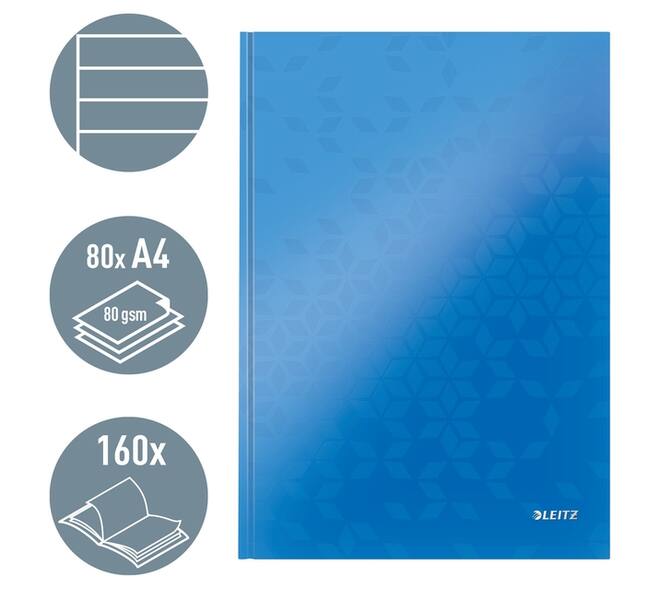 Notitieboek Leitz WOW A4 160blz 90gr lijn blauw