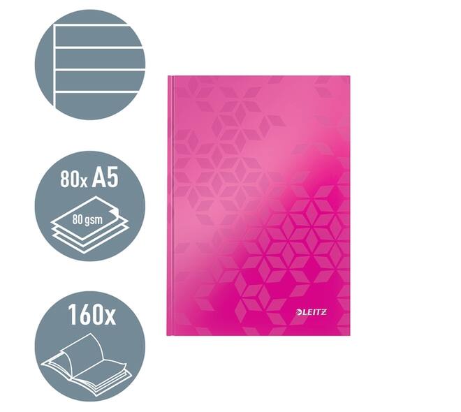 Notitieboek Leitz WOW A5 160blz 90gr lijn roze