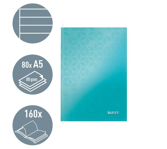 Notitieboek Leitz WOW A5 160blz 90gr lijn ijsblauw