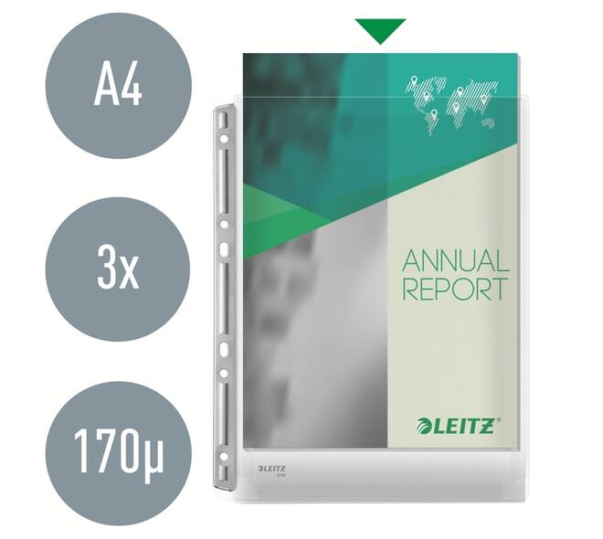 Harmonica showtas Leitz Premium 0.17mm metalen perforatiestrip copy safe A4 glashelder 3 stuks