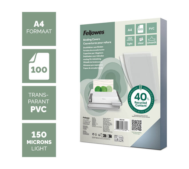 Voorblad Fellowes A4 PVC 150micron recycled 100 stuks