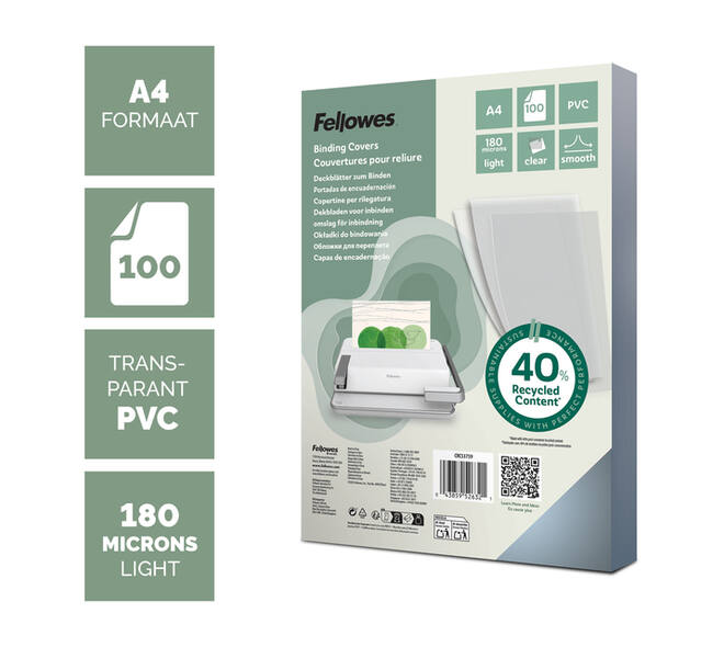 Voorblad Fellowes A4 PVC 180micron recycled 100 stuks