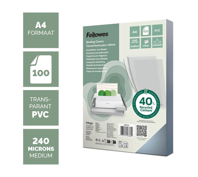 Voorblad Fellowes A4 PVC 240micron recycled 100 stuks