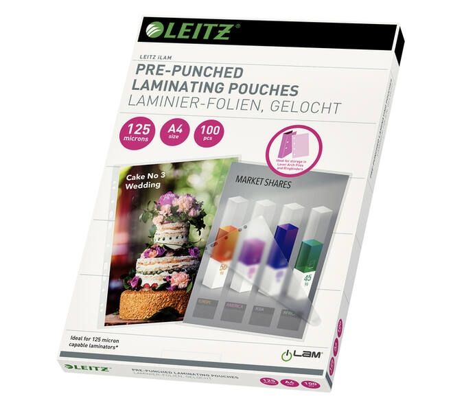 Lamineerhoes Leitz iLAM A4 met perforatieband 2x125micron EVA 100 stuks