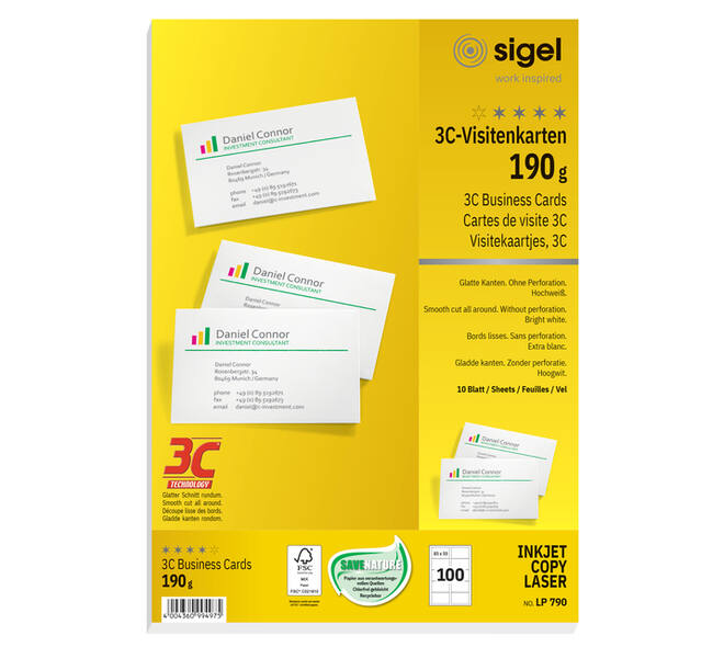 Visitekaart Sigel 85x55mm blanco 190gr  afgeronde hoeken wit 100 stuks