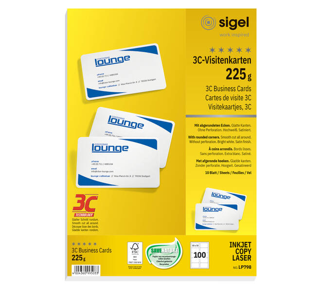 Visitekaart Sigel 85x55mm blanco 225gr ronde hoeken wit 100 stuks