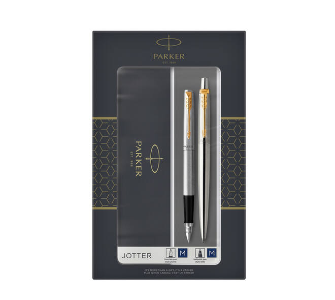 Balpen en vulpen Parker Jotter stainless steel GT medium 2 stuks
