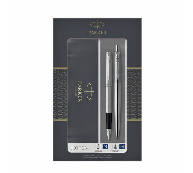 Balpen en vulpen Parker Jotter stainless steel CT medium 2 stuks
