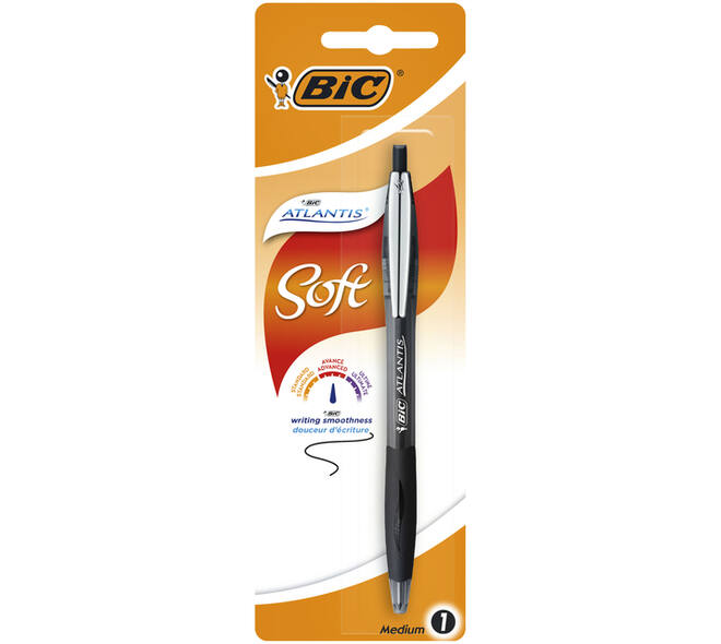 Balpen Bic Atlantis soft metalen clip clic medium zwart bister à 1st