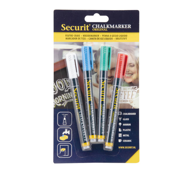 Krijtstift Securit SMA-100 rond 1-2mm wit/blauw/groen/rood blister à 4 stuks