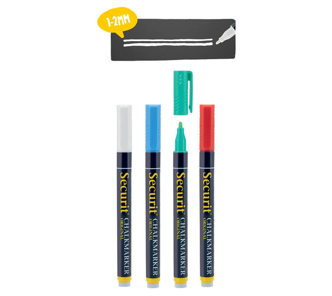Krijtstift Securit SMA-100 rond 1-2mm wit/blauw/groen/rood blister à 4 stuks