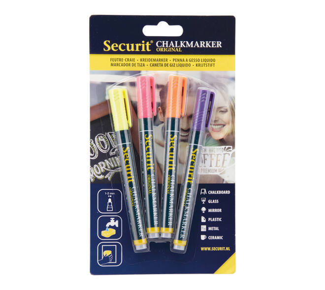 Krijtstift Securit SMA-100 rond 1-2mm geel/oranje/roze/paars blister à 4 stuks