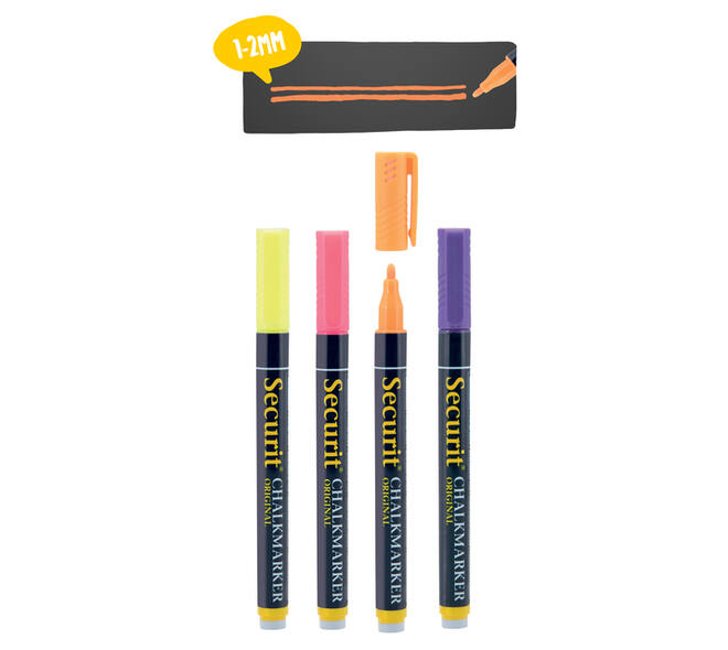 Krijtstift Securit SMA-100 rond 1-2mm geel/oranje/roze/paars blister à 4 stuks