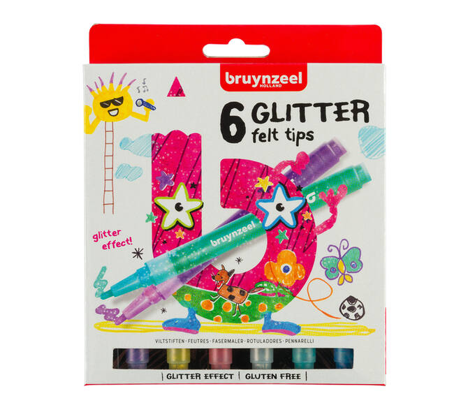 Viltstift Bruynzeel Kids assorti glitter 6 stuks