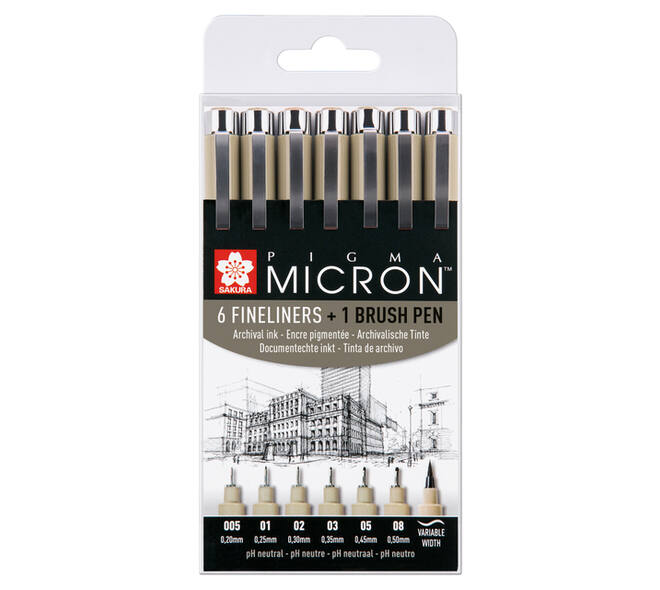 Fineliner Sakura Pigma Micron 6 schrijfbreedtes en brushpen zwart