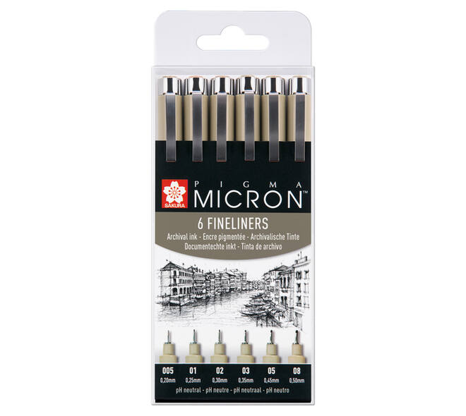 Fineliner Sakura Pigma Micron set à 6 schrijfbreedtes zwart