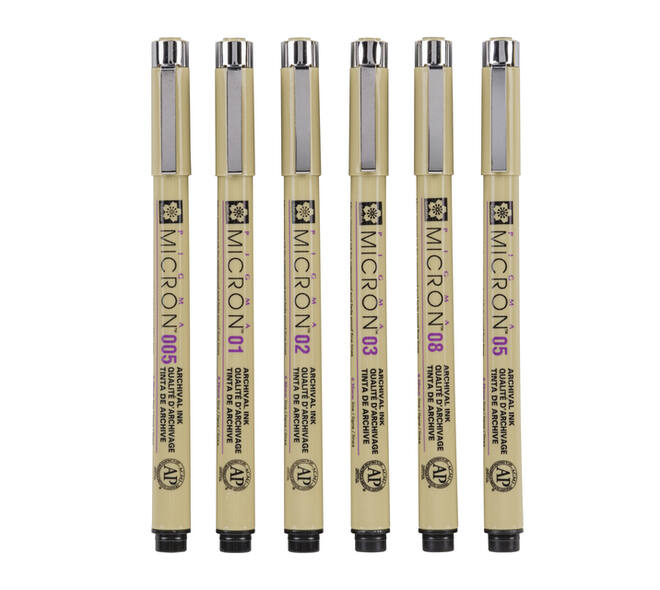 Fineliner Sakura Pigma Micron set à 6 schrijfbreedtes zwart