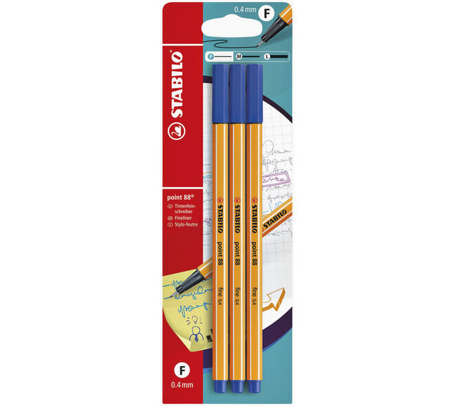 Fineliner STABILO point 88 fijn blauw blister à 3 stuks