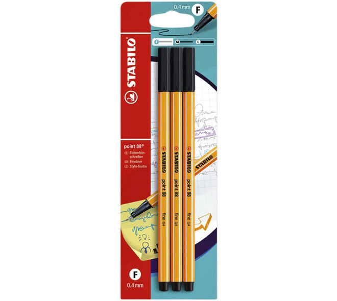 Fineliner STABILO point 88 fijn zwart blister à 3 stuks