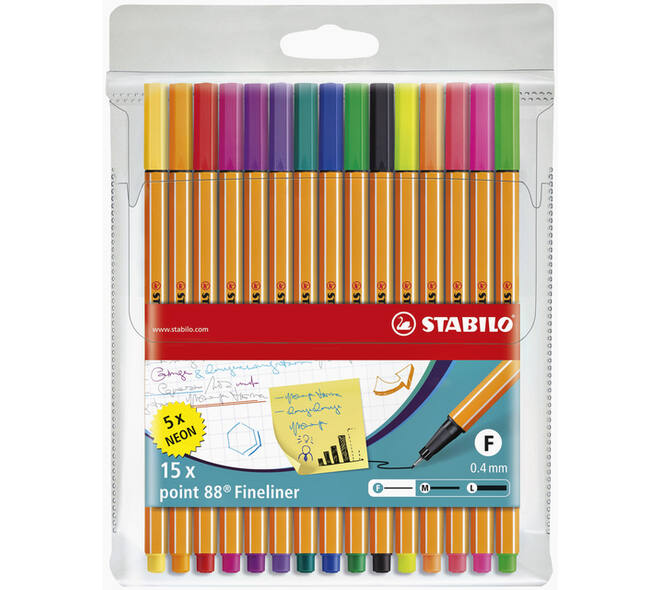 Fineliner STABILO point 88/15 fijn assorti etui à 15 stuks