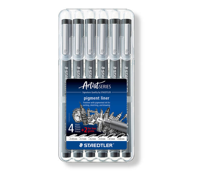 Fineliner Staedtler Pigment 308 zwart set 4+2 gratis