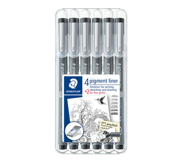Fineliner Staedtler Pigment 308 zwart set 4+2 gratis