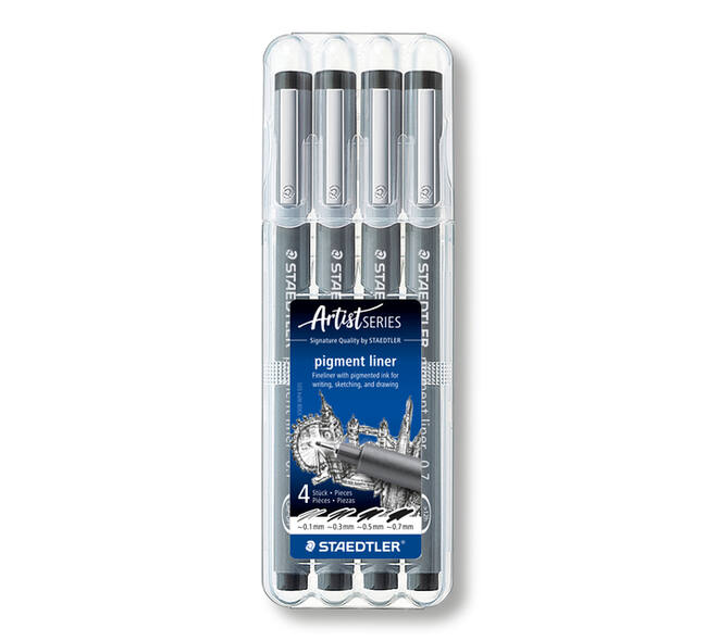 Fineliner Staedtler Pigment 308 zwart set 4 stuks