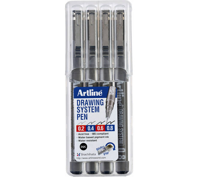 Fineliner Artline technisch etui met 0.2-0.4-0.6-0.8mm zwart