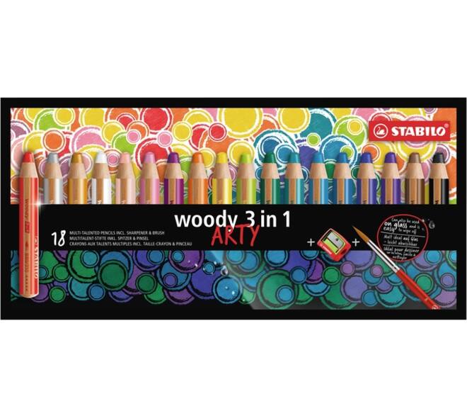 Kleurpotloden STABILO 880 woody 3 in 1 Arty + slijper+penseel ass 18st