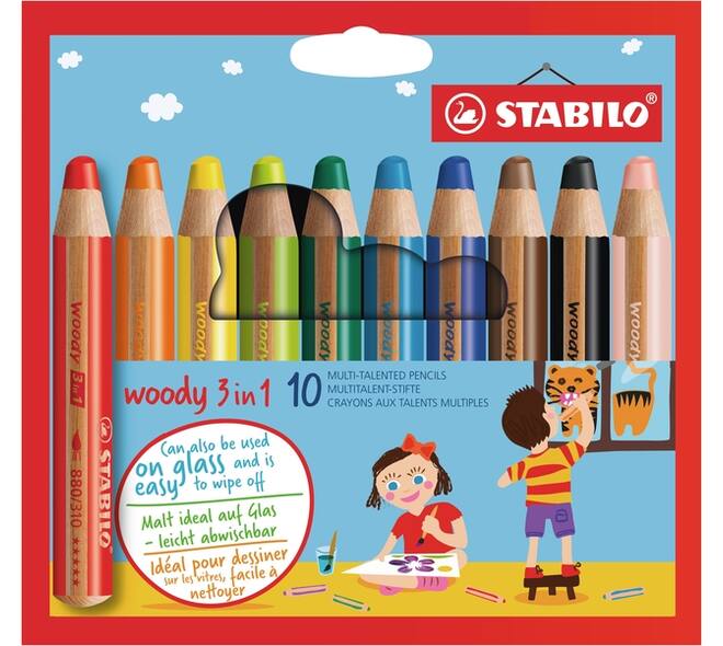 Kleurpotloden STABILO 880 woody 3 in 1 assorti etui à 10 stuks