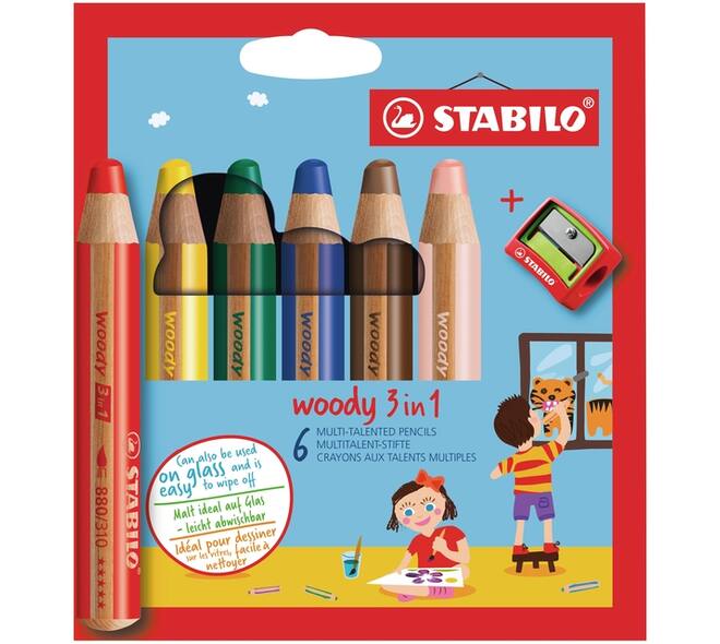 Kleurpotloden STABILO 880 woody 3 in 1 assorti etui à 6 stuks