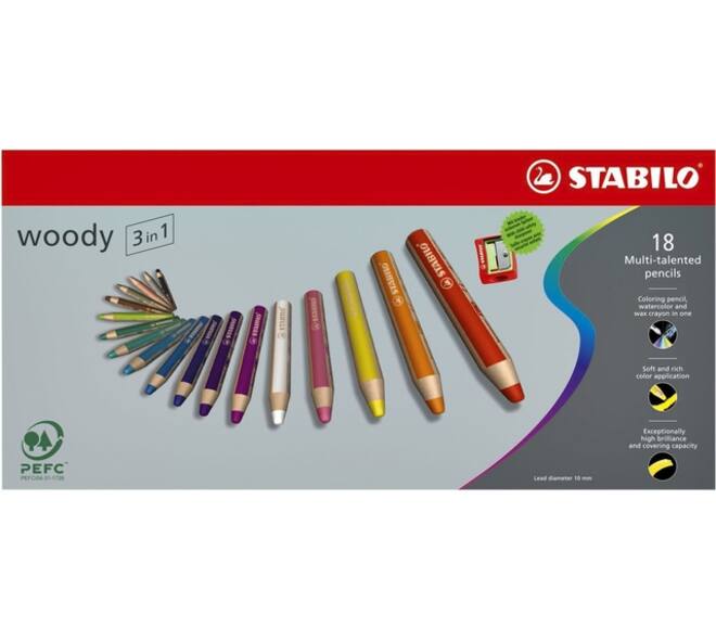 Kleurpotloden STABILO 880 woody 3 in 1 Arty incl slijper ass 10st