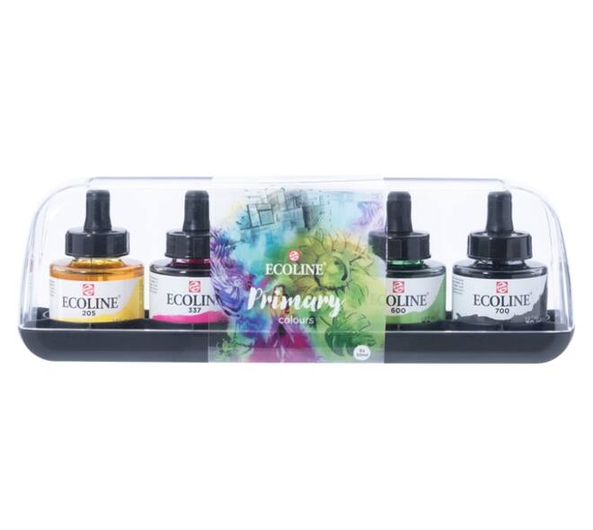 Inkt Talens Ecoline met pipet primary set à 5 ass