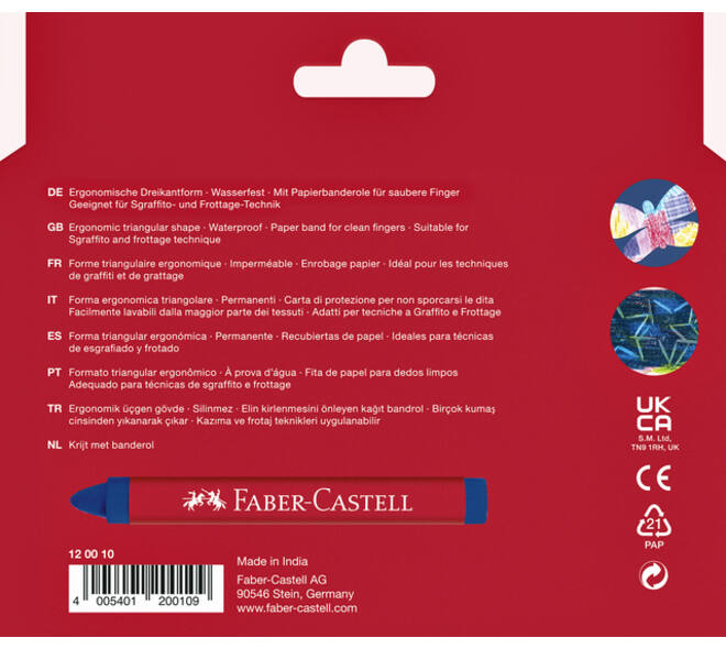 Waskrijt Faber-Castell driehoekig assorti set à 12 stuks