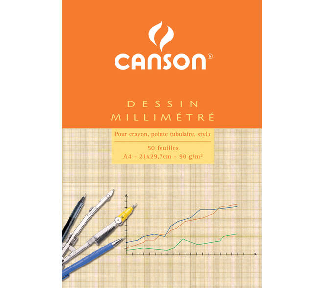 Millimeterpapier Canson bruingeel bedrukt 50vel 90gr A4 wit