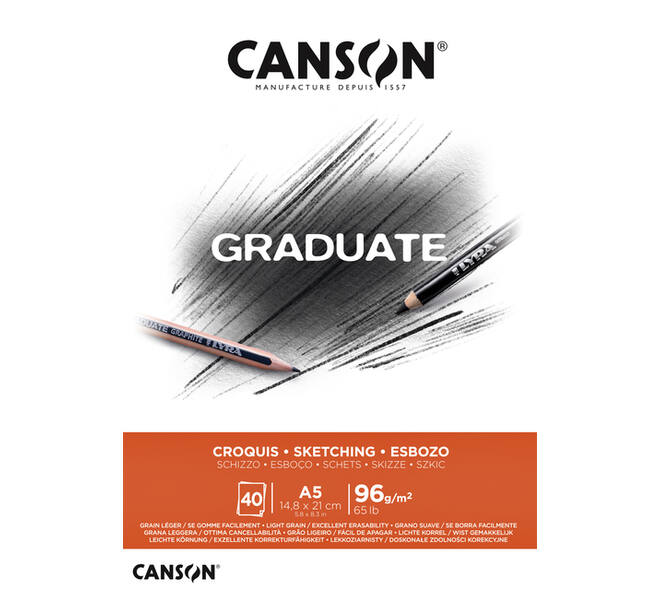 Schetspapier Canson Graduate Sketch 40vel 96gr A5 natuurlijk wit