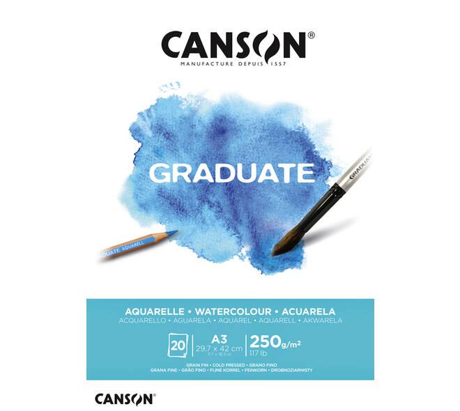 Aquarelpapier Canson Graduate Watercolour 20vel 250gr A3 natuurlijk wit