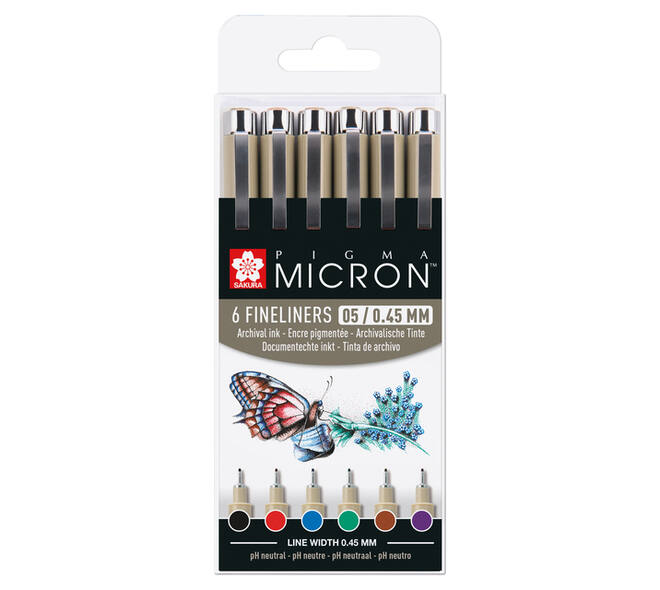 Fineliner Sakura Pigma Micron 05 basic set 6 kleuren