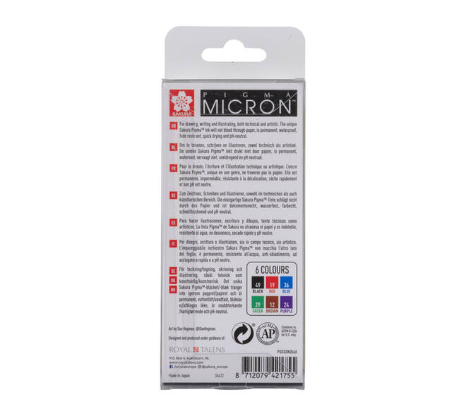 Fineliner Sakura Pigma Micron 05 basic set 6 kleuren