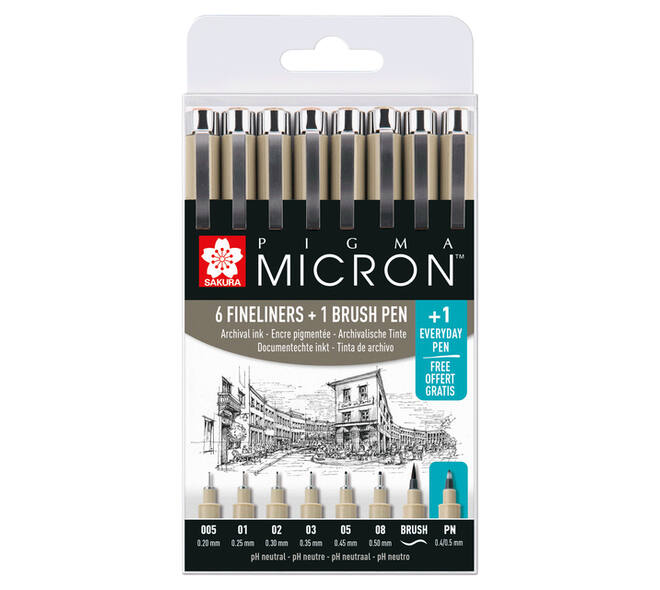 Fineliner Sakura Pigma Micron 6 schrijfbreedtes, brushpen en PN zwart