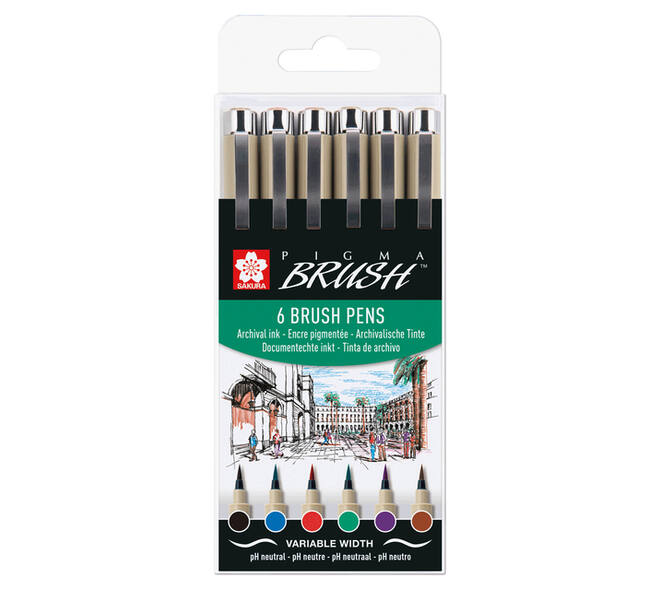Brushpen Sakura Pigma Brush set à 6 stuks zwart
