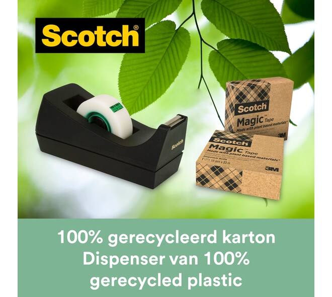 Plakbandhouder Scotch C38 recycled zwart + 3rol magic tape 900 19mmx33m