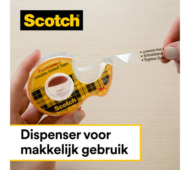 Plakband Scotch 665 12mmx6.3m dubbelzijdig + afroller