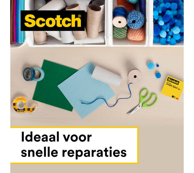 Plakband Scotch 665 12mmx6.3m dubbelzijdig + afroller